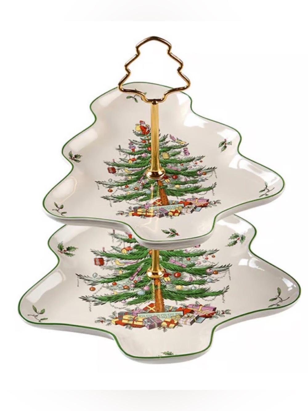 Spode Christmas Tree Shaped 2-Tier Server Cookie w/ 8-inch & 10-inch plates NIB
